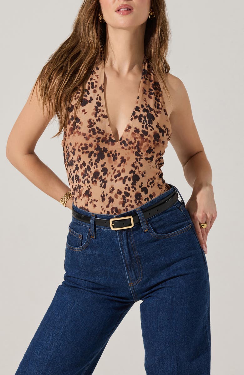 ASTR the Label Nala Leopard Halter Bodysuit, Main, color, Taupe Leopard Print