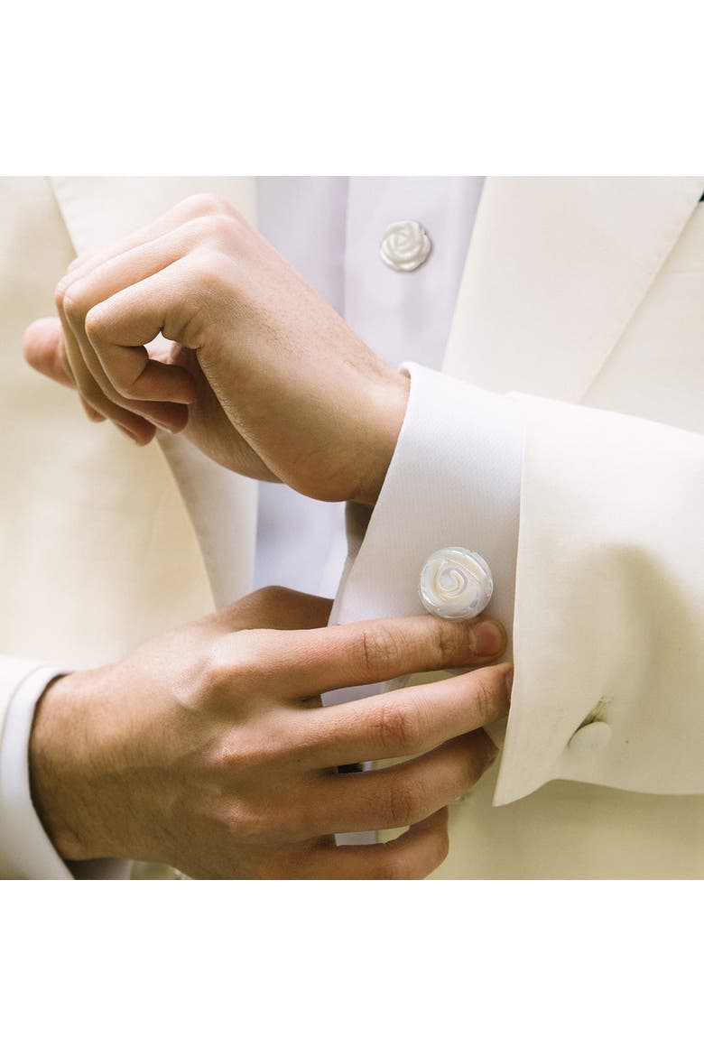 Rose Carved Sterling Cufflinks and Stud Sets, Alternate, color, WHITE