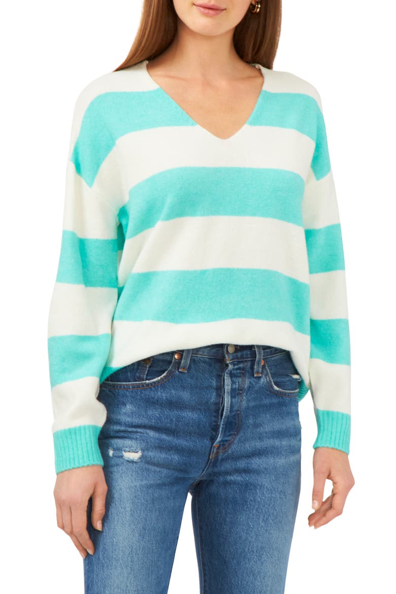 Stripe V-Neck Sweater, Main, color, BRILLIANT AQUA