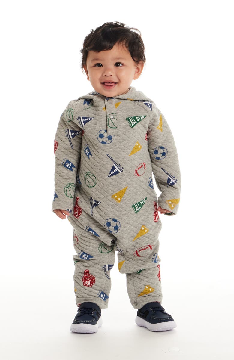 Andy & Evan Sport Print Quilted Hooded Romper, Alternate, color, Beige Varsity