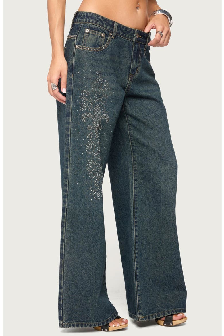 Rhinestone Graphic Low Rise Wide Leg Jeans, Alternate, color, TWILIGHT-BLUE