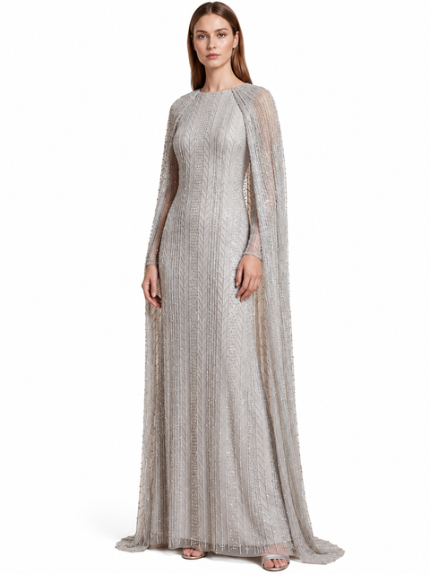 High Neck Linear Beaded Dress with Long Cape