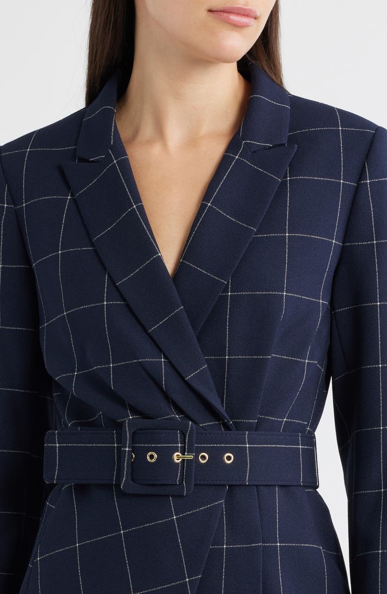 Tahari ASL Windowpane Check Belted Blazer & Pants Set, Alternate, color, Navy Ivory