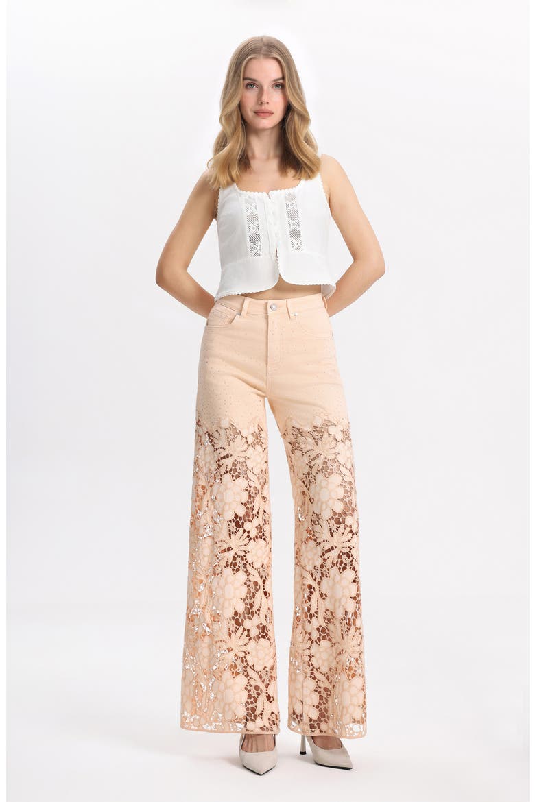 Crystal Embellished Lace Wide Leg Jeans, Alternate, color, APRICOT