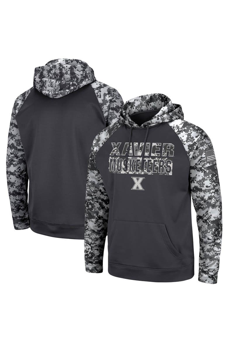 Men's Colosseum Charcoal Xavier Musketeers OHT Military Appreciation Digital Camo Pullover Hoodie, Main, color, Charcoal