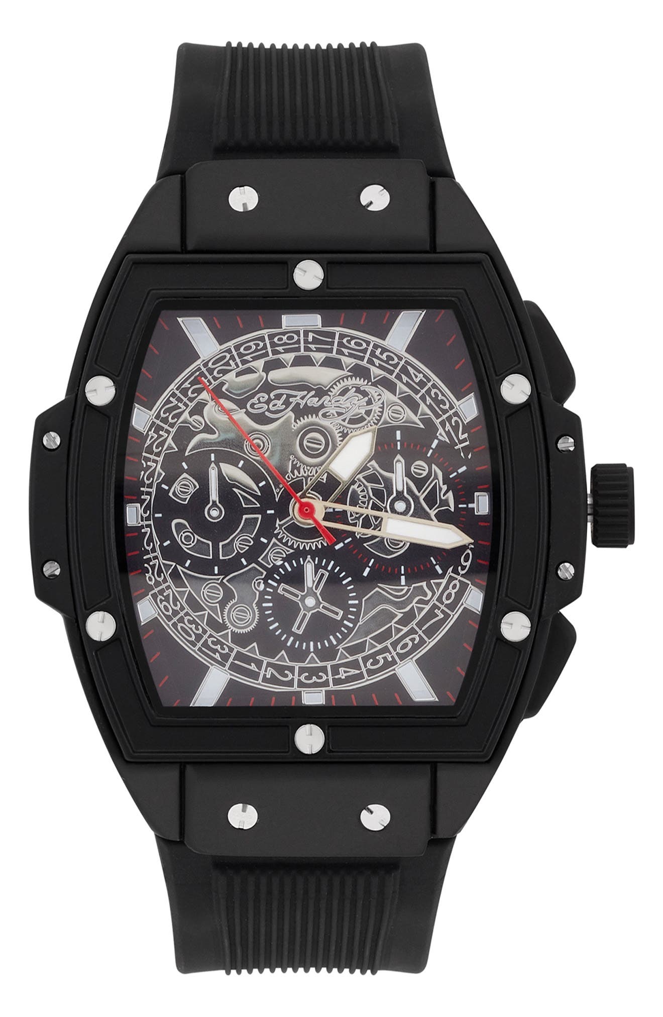 Ed Hardy Tonneau Three Hand Quartz SIlicone Strap Watch, 48mm