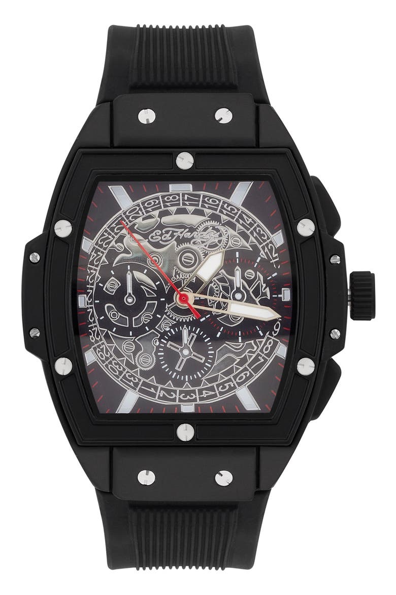 Tonneau Three Hand Quartz SIlicone Strap Watch, 48mm, Main, color, BLACK