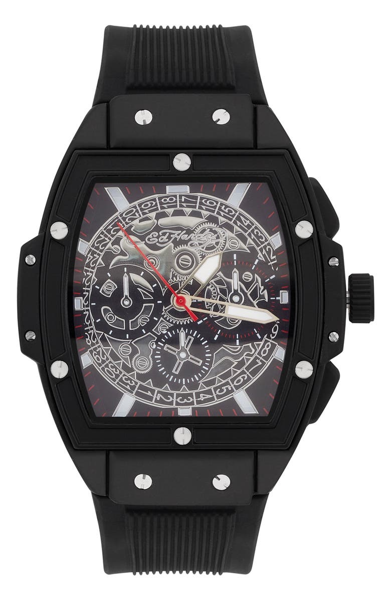 Ed Hardy Tonneau Three Hand Quartz SIlicone Strap Watch, 48mm, Main, color, Black