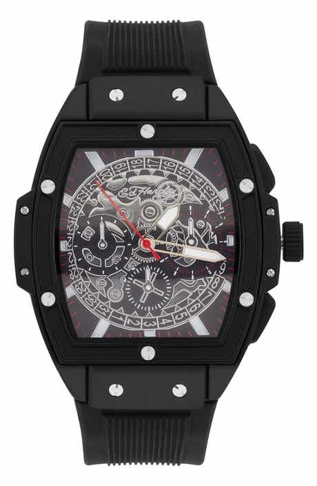 Ed Hardy Tonneau Three Hand Quartz SIlicone Strap Watch, 48mm