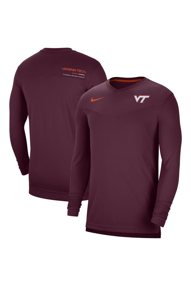 Men's Nike Maroon Virginia Tech Hokies 2022 Coach Performance Long Sleeve V-Neck T-Shirt, Main, color, Maroon