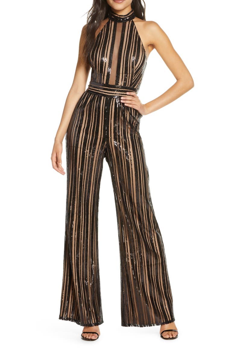 Sequin Stripe Sleeveless Jumpsuit, Main, color, BLACK/ NUDE