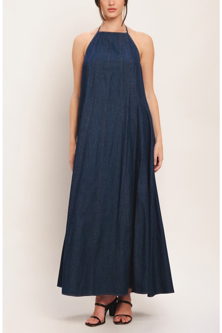 Halter Denim Maxi Dress, Main, color, DARK INDIGO