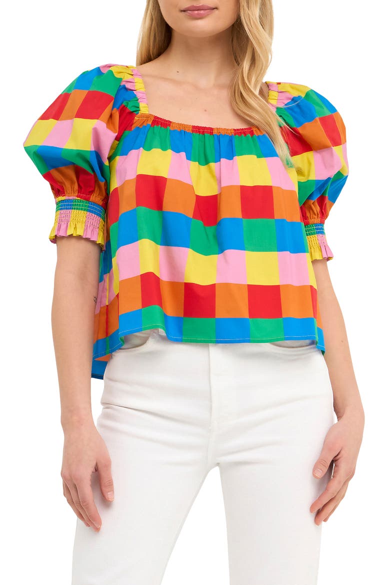 Rainbow Check Puff Sleeve Cotton Top, Alternate, color, MULTI
