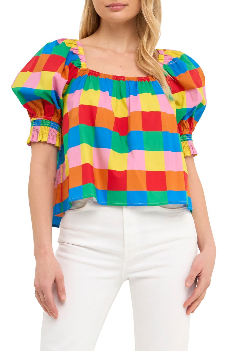 English Factory Rainbow Check Puff Sleeve Cotton Top, Alternate, color, Multi