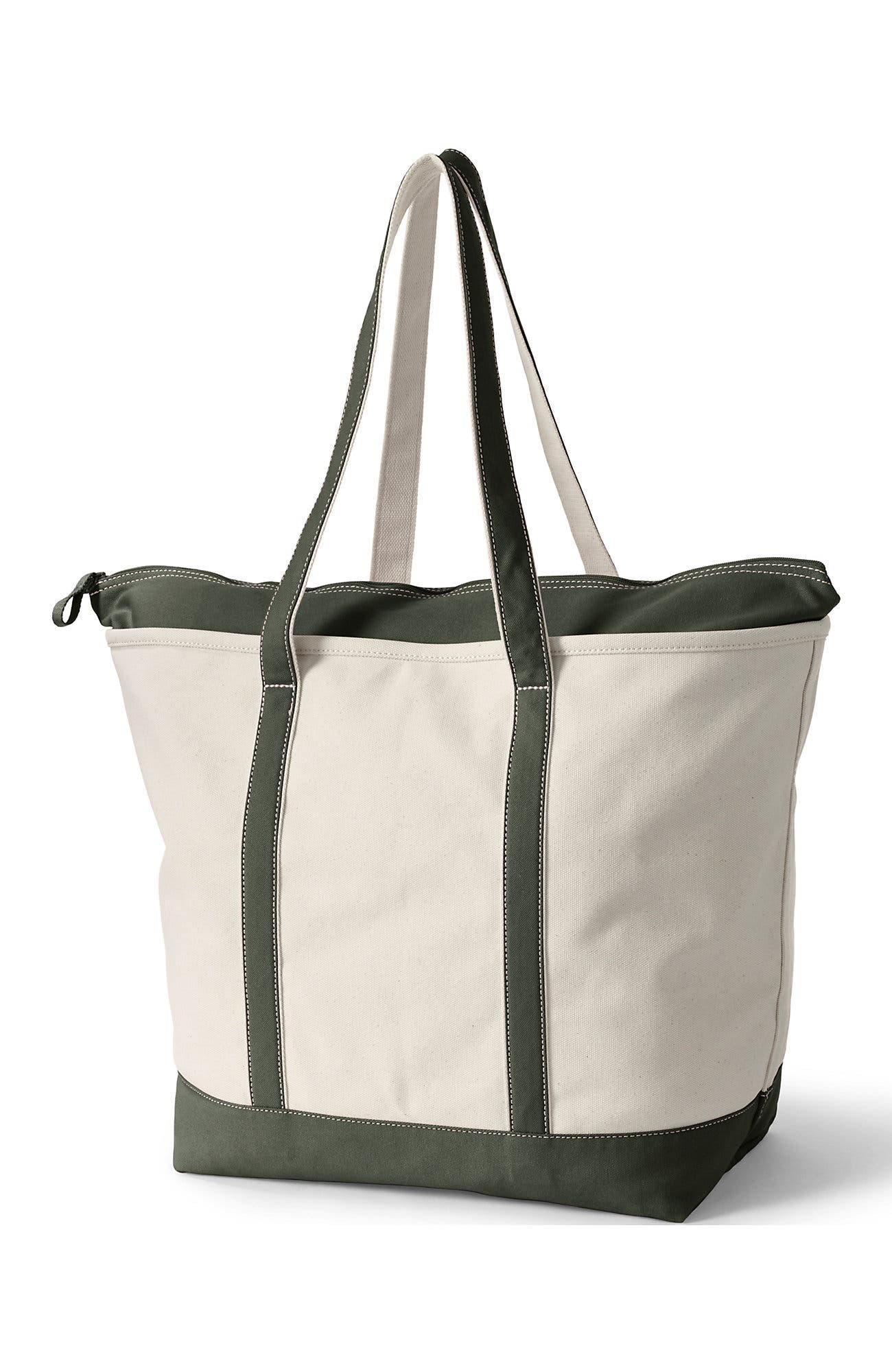 Lands' End Zip Top Long Handle Canvas Tote Bag, Alternate, color, Natural/Dark Olive Green
