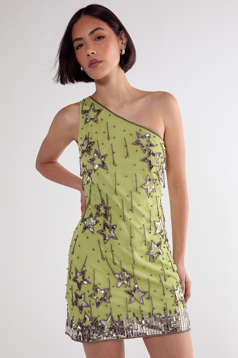 Tassel One Shoulder Sequin Mini Dress, Main, color, Lime