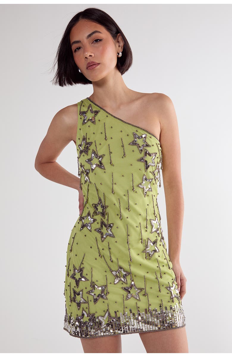 NASTY GAL Tassel One Shoulder Sequin Mini Dress, Main, color, Lime