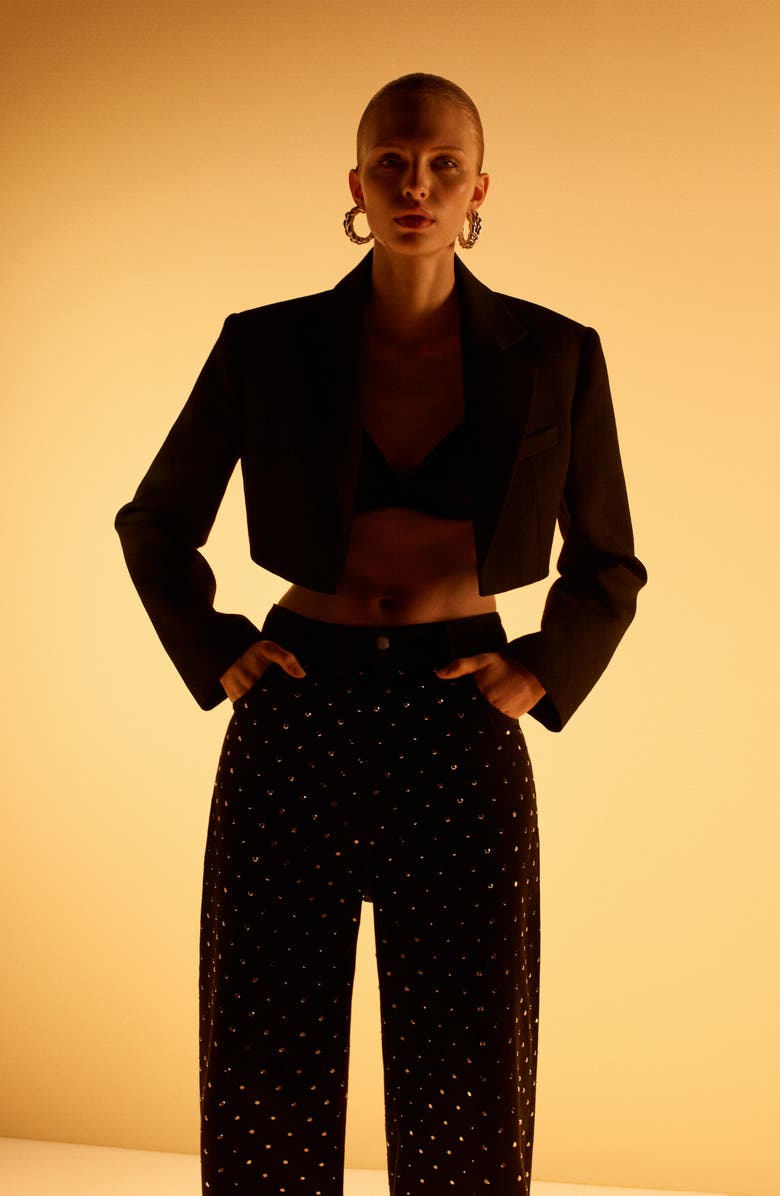 MANGO x Kaia Gerber Rhinestone Wide Leg Jeans, Alternate, color, 