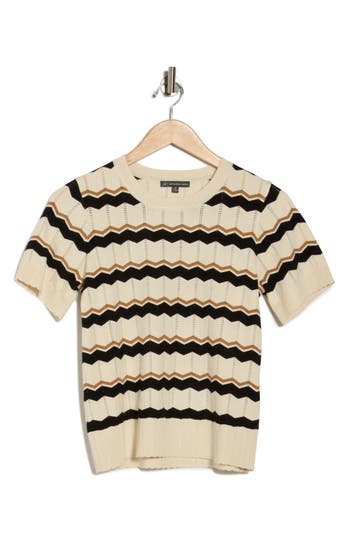 Adrianna Papell Wavy Stripe Pointelle Short Sleeve Sweater In Neutral