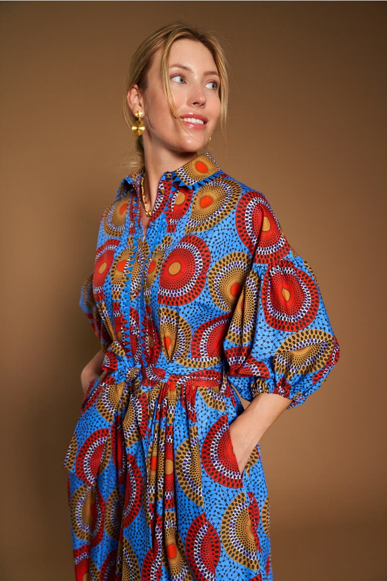 Printed Dress With Macrame Piping, Alternate, color, Blue Multicolour