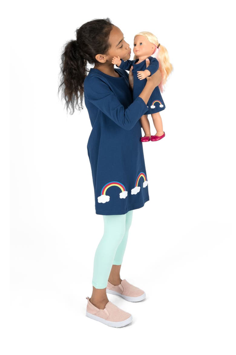 Girls Cotton Dress with Matching Doll Dress, Printed Design, Alternate, color, RAINBOW