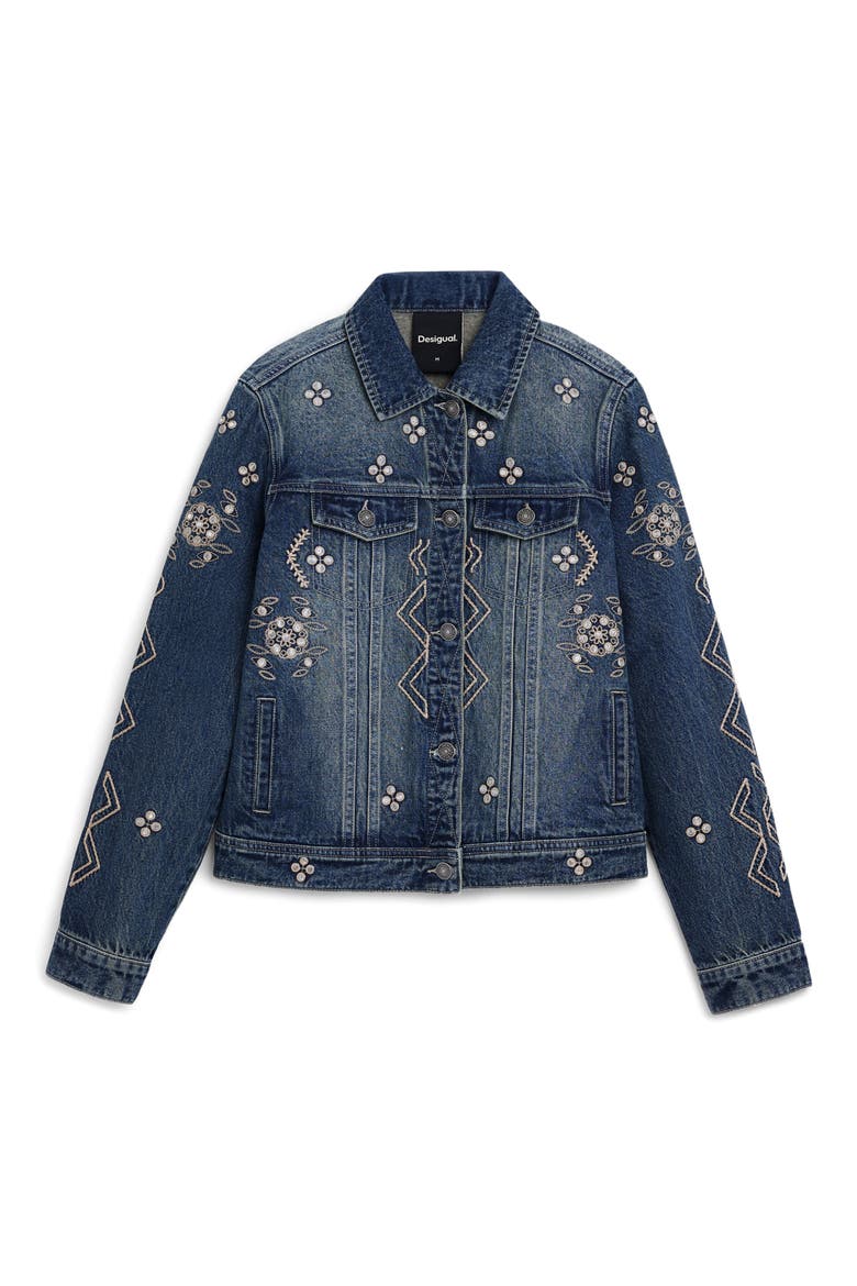 Metallic Embroidery Denim Trucker Jacket, Alternate, color, MEDIUM BLUE