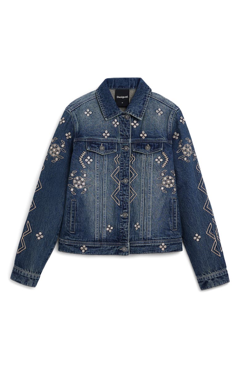 Desigual Metallic Embroidery Denim Trucker Jacket, Alternate, color, Medium Blue