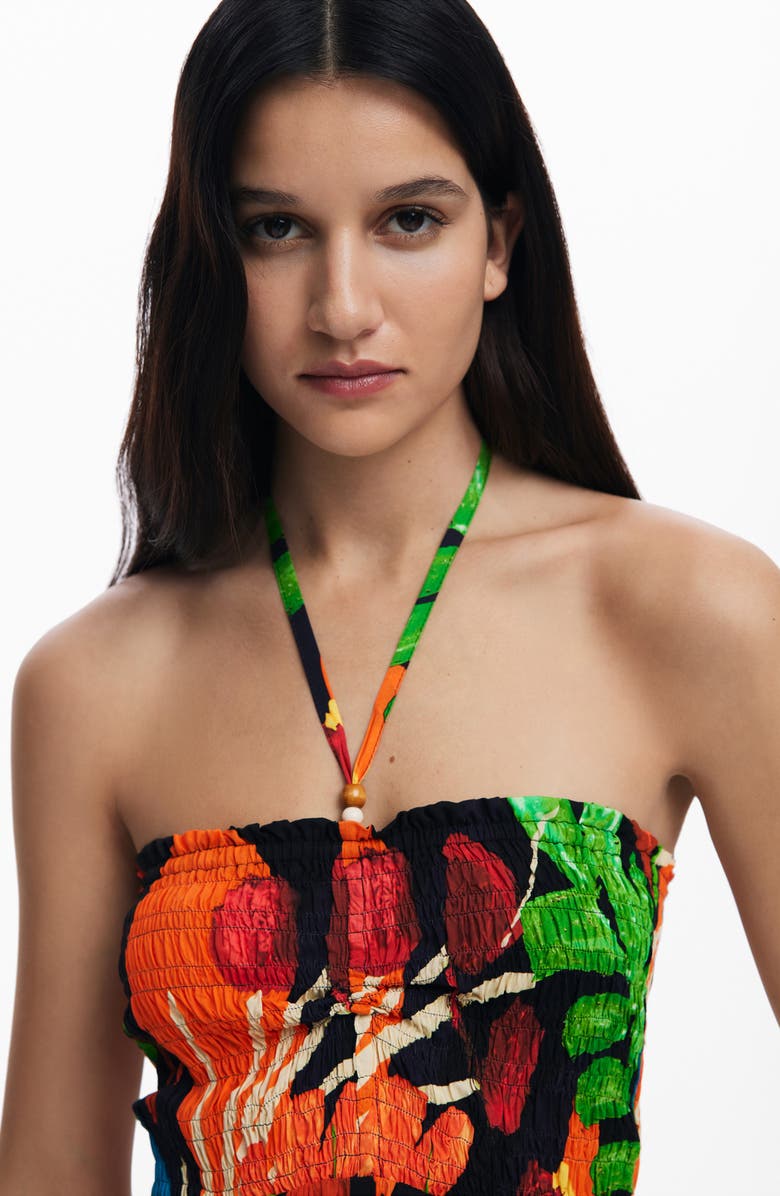 Desigual Tropical Print Halter Cover-Up Jumpsuit, Alternate, color, Black