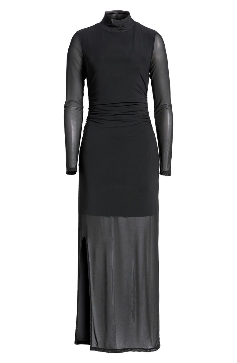 Open Edit Mock Neck Long Sleeve Mesh Maxi Dress, Alternate, color, Black