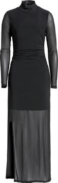 Open Edit Mock Neck Long Sleeve Mesh Maxi Dress