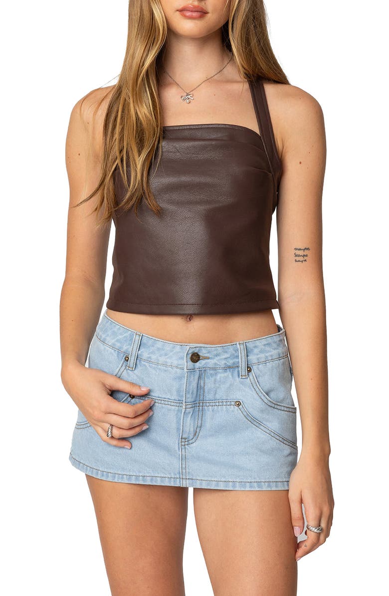 EDIKTED Faux Leather Halter Crop Top, Main, color, Brown