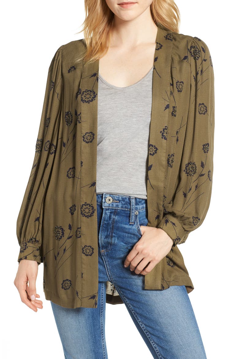 Embellished Floral Kimono, Main, color, OLIVE TREE GRAPHIC FLORAL