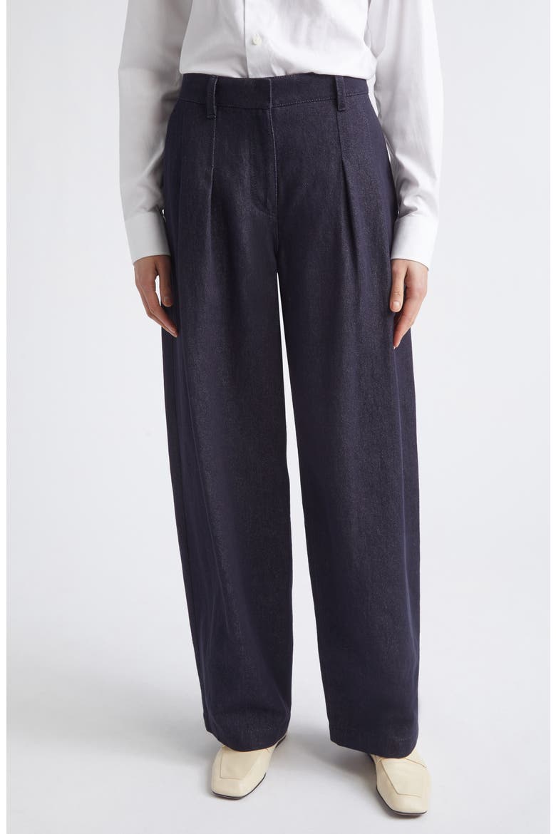 Wyatt Pleated Cotton & Linen Barrel Leg Pants, Main, color, NAVY