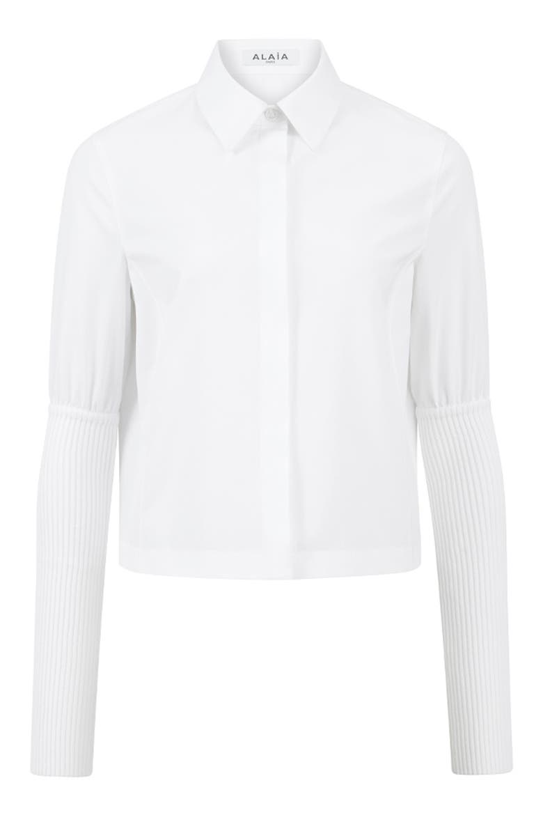 Cotton Poplin Button-Up Shirt with Ribbed Sleeves, Main, color, BLANC