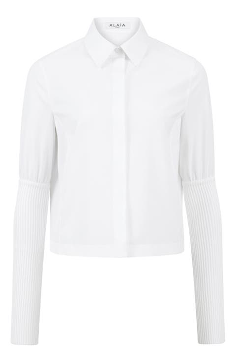 Cotton Poplin Button-Up Shirt with Ribbed Sleeves