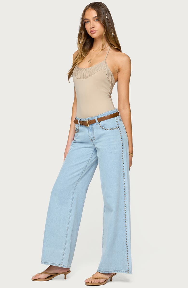 EDIKTED Colbie Faux Suede Fringe Trim Bodysuit, Alternate, color, Beige