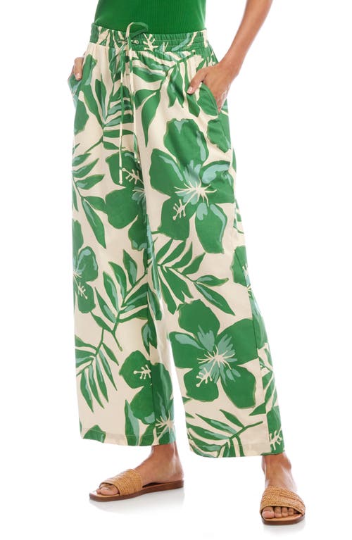 Karen Kane Floral Wide Leg Cotton Drawstring Pants In Green
