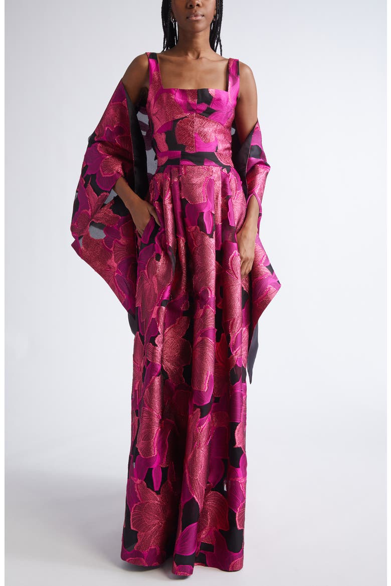 Metallic Jacquard Organza Gown, Alternate, color, HOT PINK