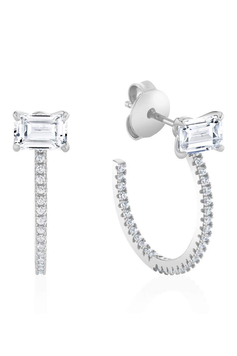 Baguette-Cut Cubic Zirconia Pavé Huggie Hoop Earrings, Main, color, PURE PLATINUM / CLEAR STONE