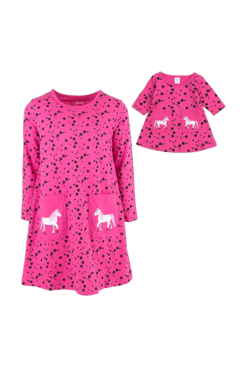Girls Cotton Dress with Matching Doll Dress, Printed Design, Alternate, color, DOTS