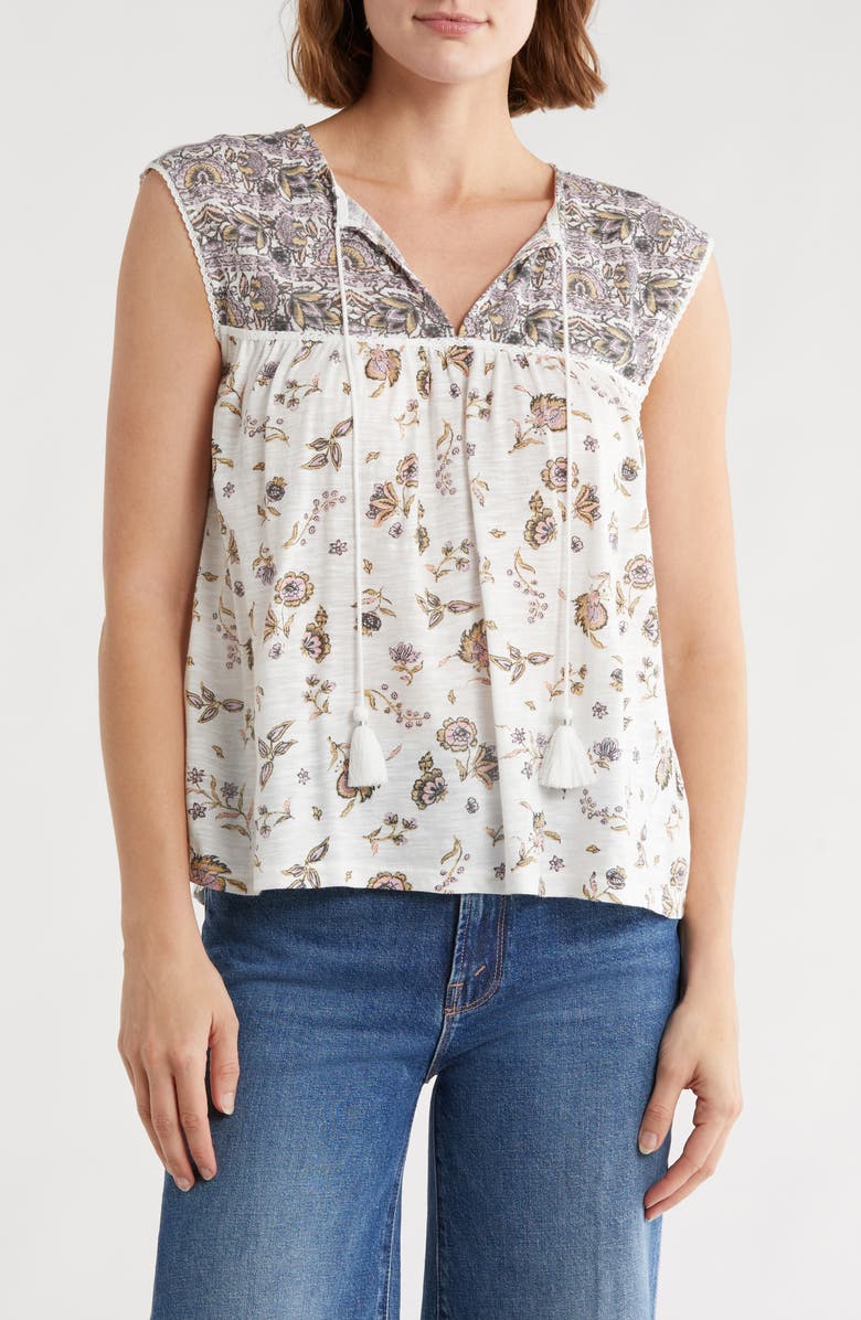 Lucky Brand Split Neck Sleeveless Top, Main, color, Cream Floral