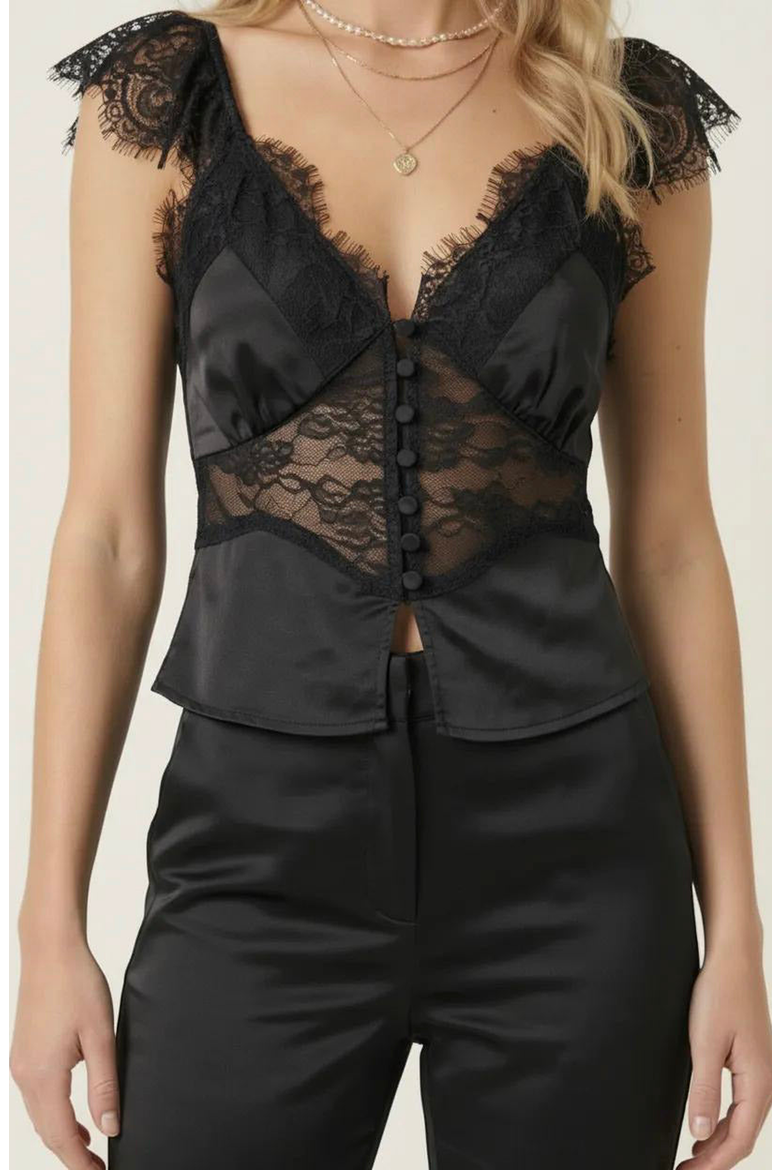 Lace Trim Satin Corset Top, Alternate, color, Black