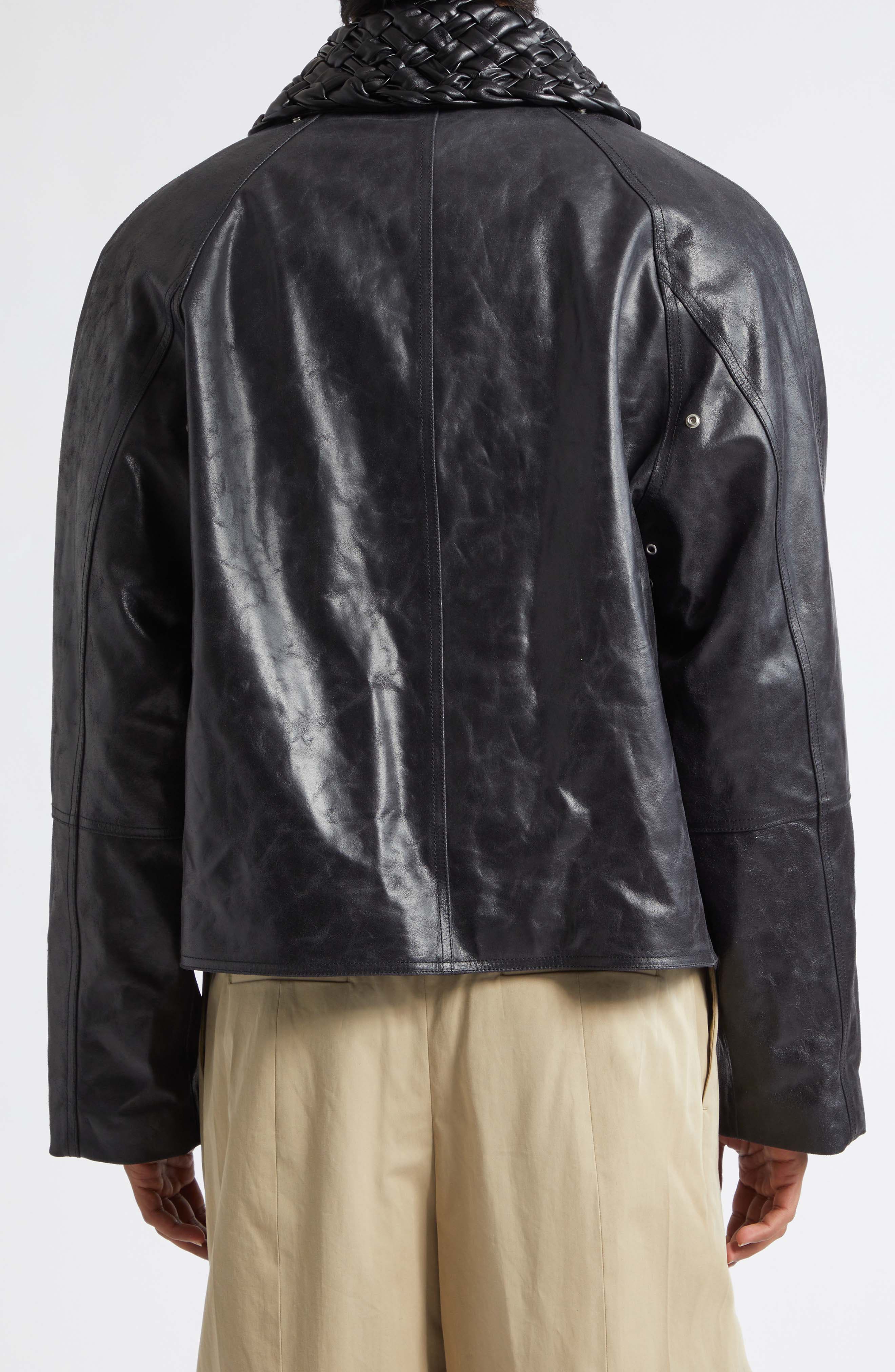 Intrecciato Collar Crackled Leather Jacket - image 2