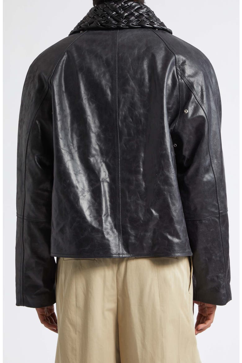 Intrecciato Collar Crackled Leather Jacket, Alternate, color, 1010 DOUBLE BLACK