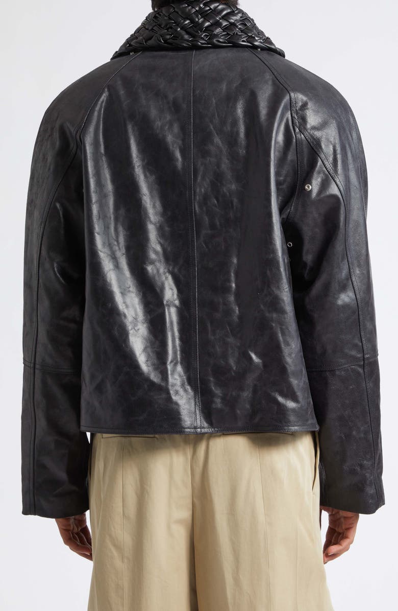 Bottega Veneta Intrecciato Collar Crackled Leather Jacket, Alternate, color, 1010 Double Black