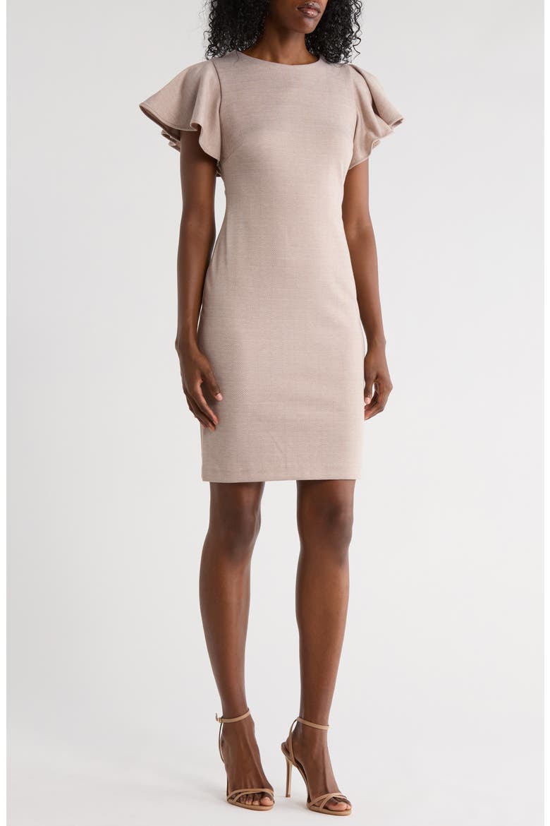 Flutter Sleeve Herringbone Sheath Dress, Main, color, LIGHT BEIGE.IVORY