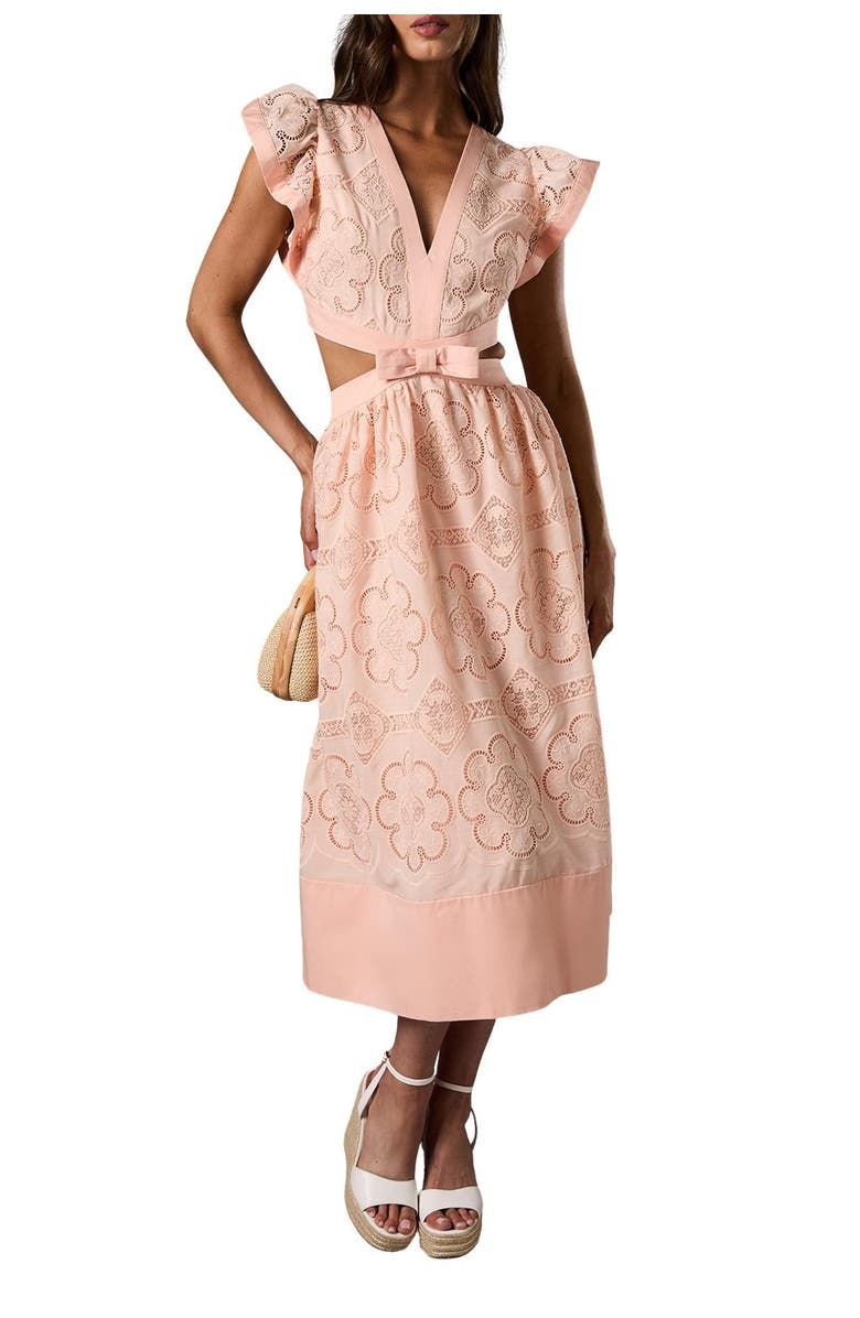 Coast V-Neck Cut Out Lace Midi Dress, Alternate, color, Peach