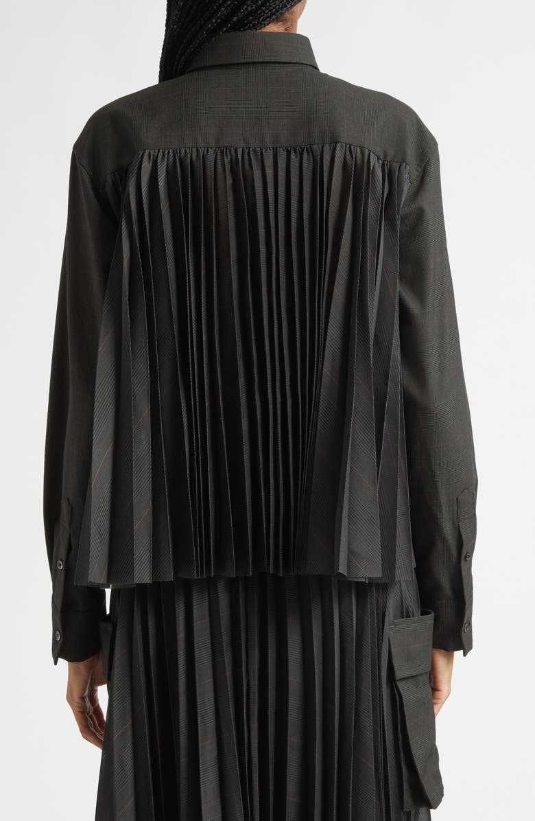 Sacai Glen Check Mixed Media Button-Up Shirt, Alternate, color, Black/ Khaki