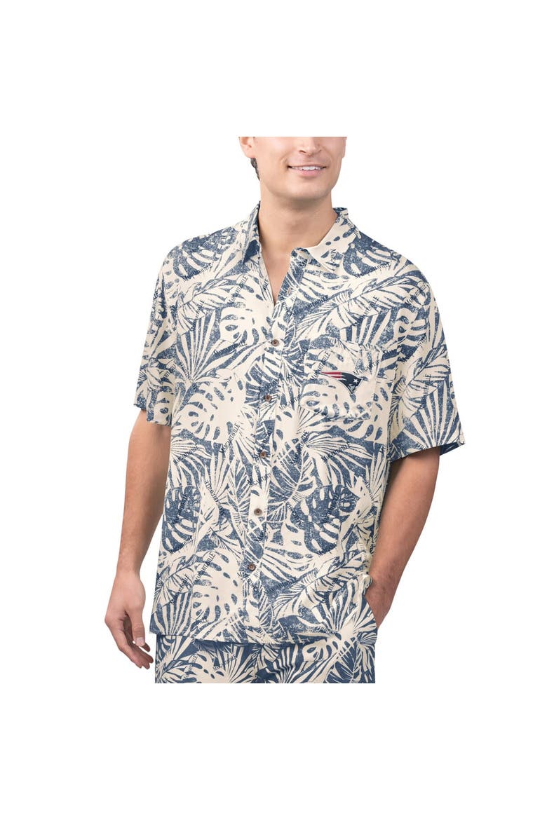 Men's Margaritaville Tan New England Patriots Sand Washed Monstera Print Party Button-Up Shirt, Alternate, color, Cream