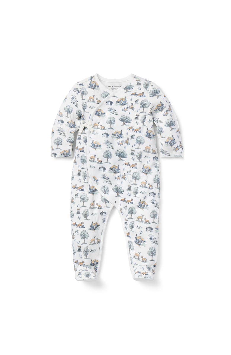 Janie and Jack Baby Printed Woodland Toile Wrap Footed One-Piece, Main, color, White